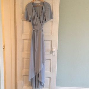 Steel blue flutter sleeve wrap dress